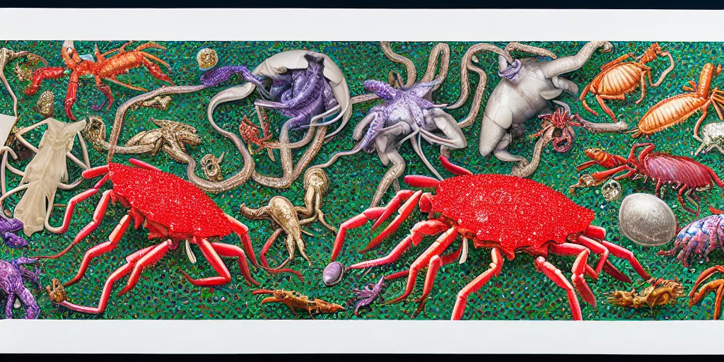 Image similar to imaginary animals, squid, horse, lobster, turtles by raqib shaw, made from oil metallic paint glitter rhinestones and graphite on white paper,