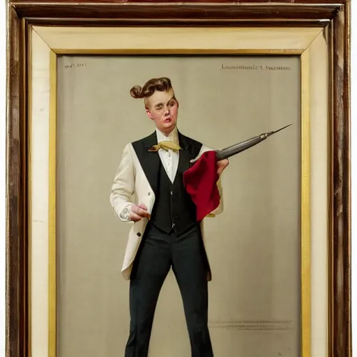 Prompt: beautiful Painting of lucius as a tailor, long blond drill curls, delicate androgynous prince, pale milky porcelain skin, sharp tan suit and waistcoat, by Leyendecker and Norman Rockwell