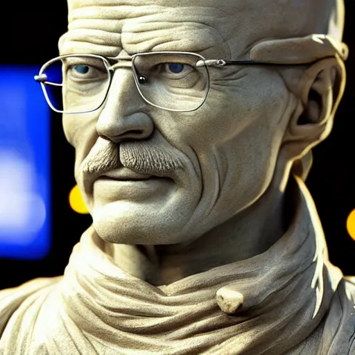 Image similar to extreme long - shot photograph of a renaissance clay sculpture of walter white wearing a phrygian cap in times square, made by michelangelo, hyper detailed, sharp focus, 8 k resolution, ray tracing