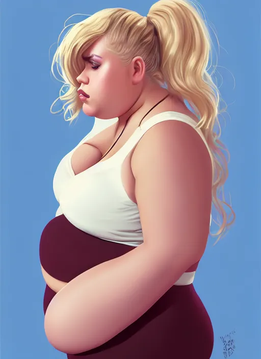 Image similar to full body teenage betty cooper, blonde hair, obese, bangs, ponytail, sultry, realistic, sultry smirk, ponytail, fluffy bangs, curly bangs, fat, belly, beautiful girl, intricate, elegant, highly detailed, digital painting, artstation, concept art, smooth, sharp focus, illustration, art by wlop, mars ravelo and greg rutkowski