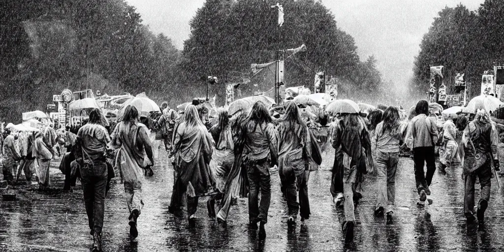 Image similar to magnificent picture of 1969 Woodstock, CCR playing in the rain, Hippie, high detail, digital art, artstation, smooth, sharp