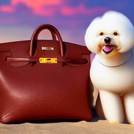 Image similar to a closeup photorealistic photograph of a smiling bichon frise peeking out of a Hermes handbag at the beach during sunset This 4K HD image is Trending on Artstation, featured on Behance, well-rendered, extra crisp, features intricate detail and the style of Unreal Engine.