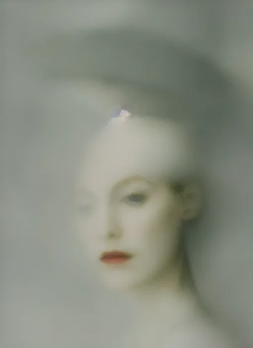 Prompt: out of focus photorealistic portrait of a beautiful pale young woman by sarah moon, very blurry, translucent white skin, closed eyes, foggy, closeup, with a weird hat