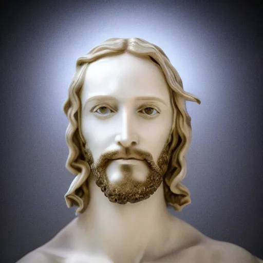 Image similar to beautiful centered fine art photo of jesus christ as a solarpunk robotic humanoid, white mechanical parts with led lights, bouguereau style pose, photorealistic, white background, highly detailed and intricate, soft box lighting, hdr 8 k