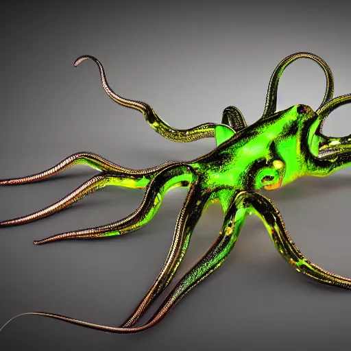 Prompt: ! dream an extremely high quality 8 k 3 d render of a metallic cyberpunk neon anodized mantid octopus with polished, highly reflective highly detailed, clean, sharp, crisp clean shapes, cast glass, brushed metal, symmetry, mercury, chrome, obsidian, highly detailed, tentacles, high detail, very aesthetically pleasing