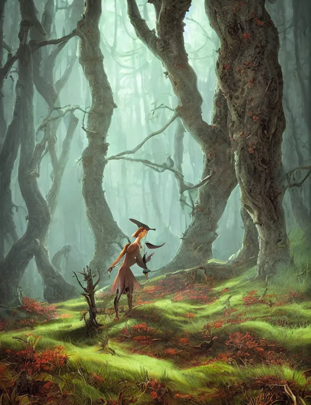 Prompt: witch of the lichen woods. this air brush painting by the award - winning concept artist has an interesting color scheme, plenty of details and impeccable lighting.