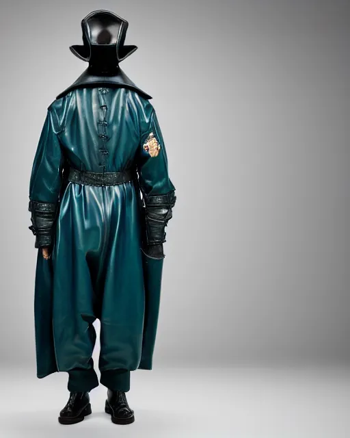 Prompt: an award - winning editorial photo of a teal extremely baggy but cropped ancient medieval designer menswear leather dutch police jacket with an oversized large collar and baggy bootcut trousers designed by alexander mcqueen, 4 k, studio lighting, wide angle lens