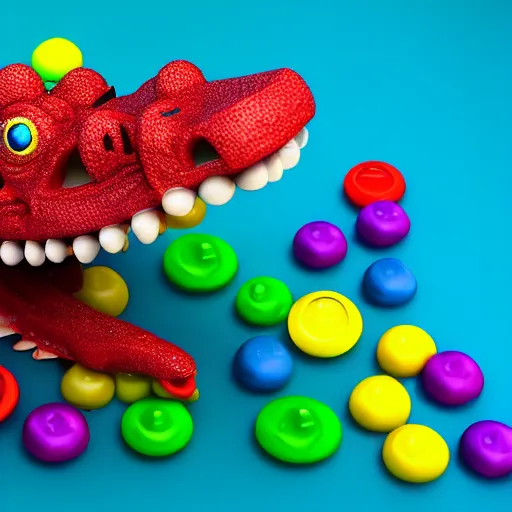 Image similar to a crocodile made entirely out of gumdrops, candyland background, cinematic lighting, product photography, 3 d render