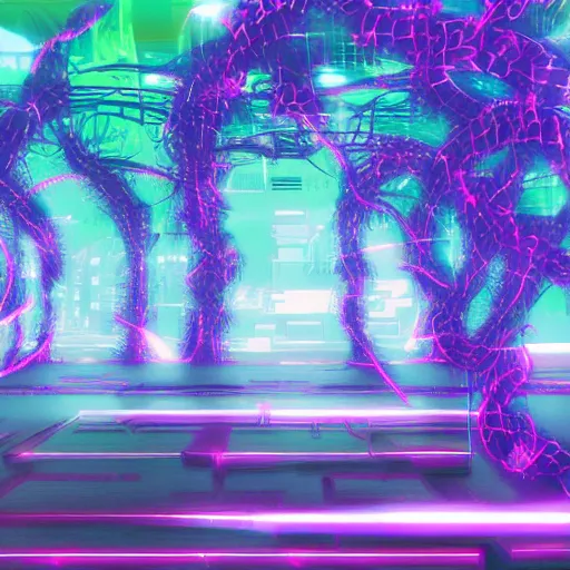 Prompt: vaporwave cyberpunk photorealistic pokemon like world covered in vines