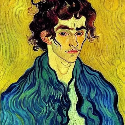 Prompt: painting of handsome beautiful dark medium wavy hair man in his 2 0 s, dressed as an oracle he has a vision for the future!! looking upward to the heavens above!! slight smile, foreseeing the future!! elegant, clear, painting, highly stylized, art by vincent van gogh, egon schiele