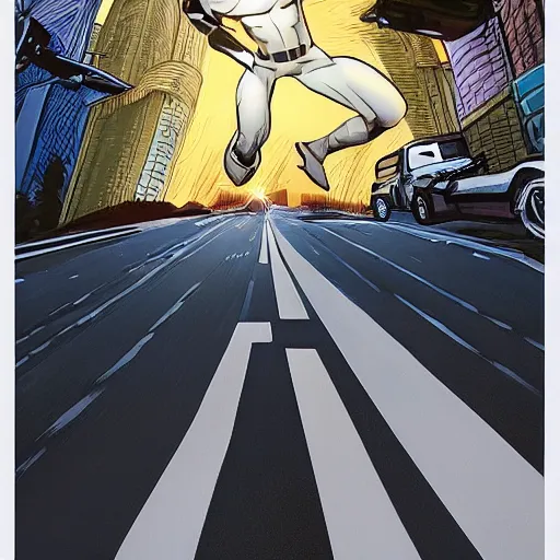 Image similar to highway, rob liefeld, photorealism, superhero with a cat head, cars