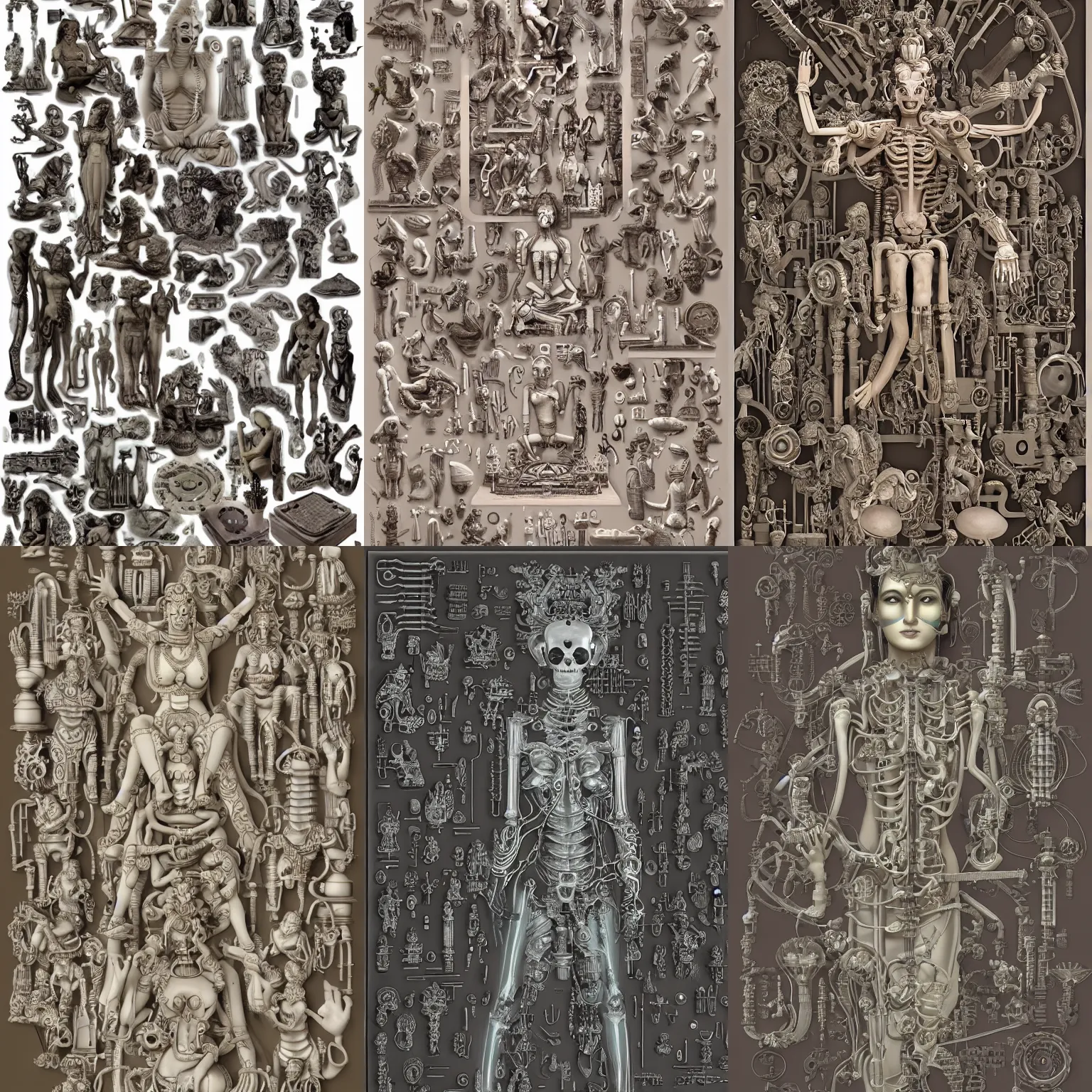 Prompt: epic Khajuraho, godes, Shiva, translucent, SSS, transparent, xray, vaporwave, flat shaped chrome relief, fossil, mechanic bionic fungus flower cyberpunk cats skeleton mechabot, maze, wires, chrome tubes, joints, buttons, gears, dissection relief, , by william adolphe bouguereau, by Lorenzo Ghiberti, by Goga Tandashvili, artstation, cgsociety, at Khajuraho, by jonathan ivy, by artgerm, by david lachapelle