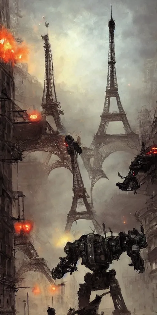 Image similar to war of the worlds, giant mech attack paris, human soldiers, eiffel tower! intense fighting, glowing lights!! digital painting, very detailed, art by jakub rozalski