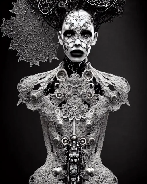 Image similar to surreal dark poetic black and white photo portrait of complex bio-mechanical beautiful young silver female vegetal-cyborg with a Mandelbrot fractal steampunk metal fine lace face, a very long neck and a fine metal floral foliage super big lace collar by Vivienne Westwood:: smoke, high fashion, haute couture, rococo, steampunk, avant-garde, silver filigree details, anatomical, facial muscles, cable wires, microchip, elegant, dreamy, foggy atmosphere, hyper realistic, 150 mm lens, soft rim light, octane render, unreal engine, picture was taken in 1910 by Man Ray, volumetric lighting, dramatic light,8k,