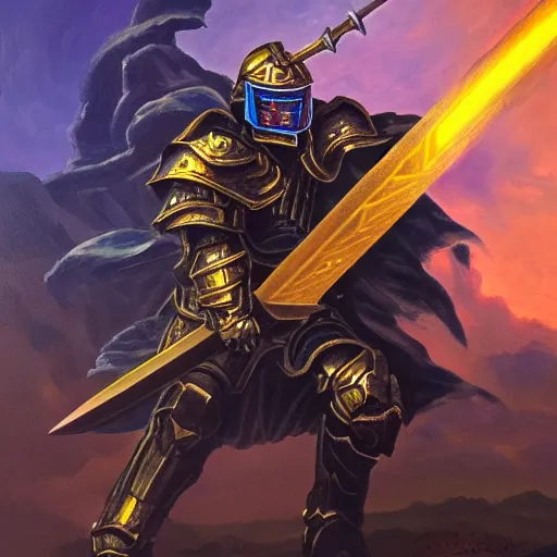 Prompt: A highly detailed matte acrylic painting of a heavily armored paladin wielding a very bright glowing gold sword, fighting in a huge battle at dusk.