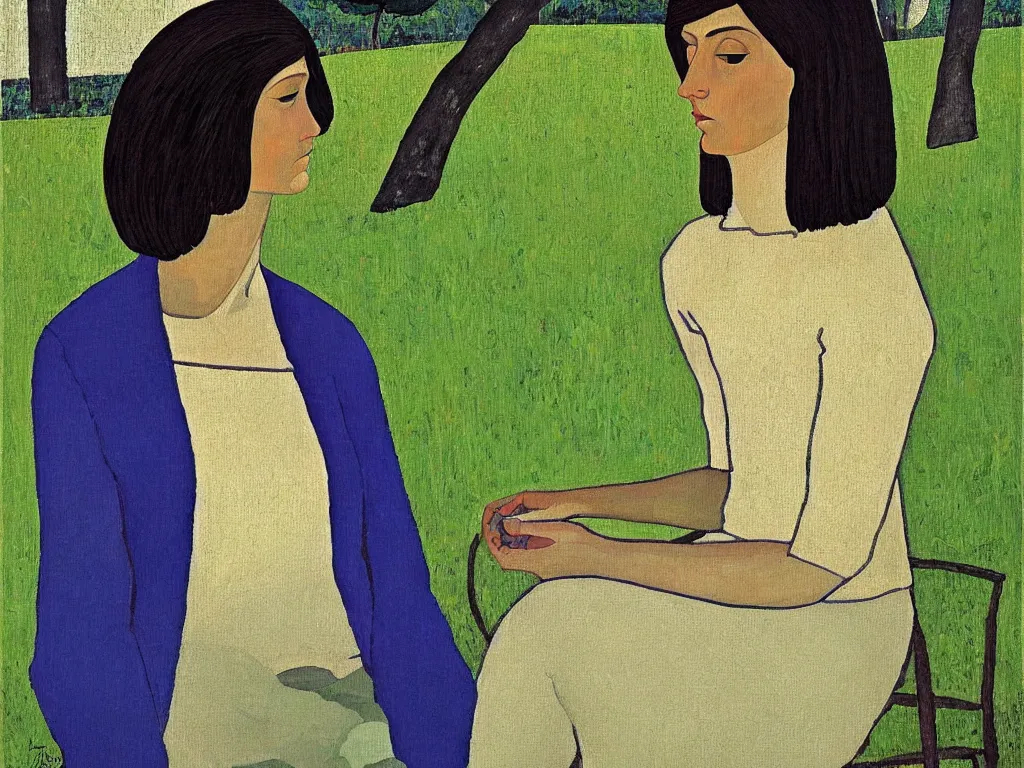 Image similar to a painted portrait of a women outdoors paused in thought, art by felice casorati, aesthetically pleasing and harmonious colors, expressionism