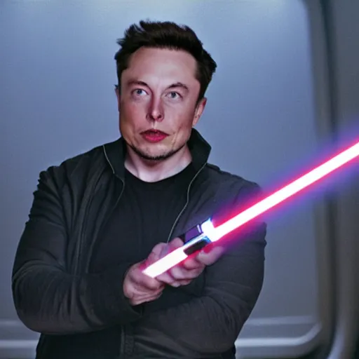 Image similar to film still of elon musk holding a red lightsaber