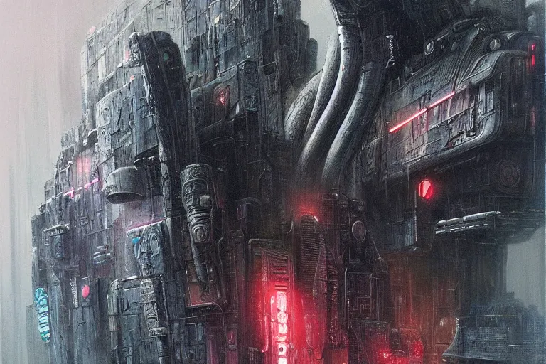Image similar to highly detailed concept art of blade runner characters, dystopian post - apocalyptic retrofuturistic neon vibe, an ultrafine detailed painting by hans giger and wayne barlowe, trending on deviantart, pop surrealism, whimsical, lowbrow, perfect symmetrical face, sharp focus, octane, masterpiece