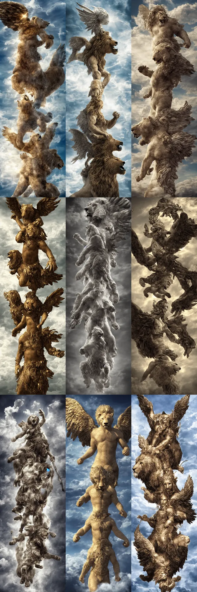 Prompt: full body render angelic warrior hovering above the clouds with the head of a lion, head of a bear, head of an eagle, head of a human male and 6 angelic wings