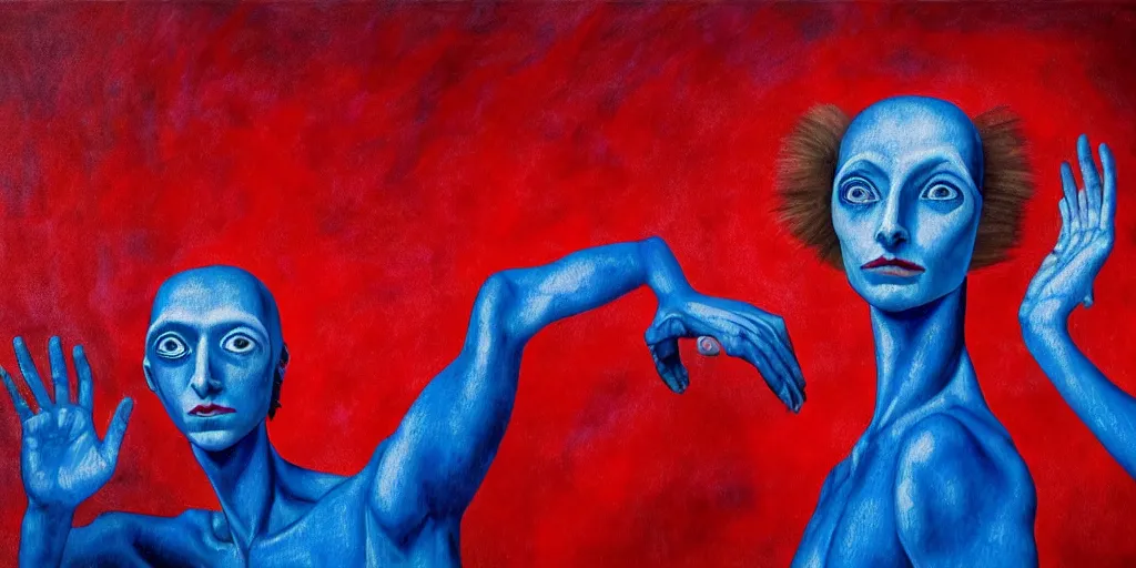 Image similar to only with blue, ney motogrosso in love with a red alien, too many hands in all directions, in hoc signo vinces, waterfall, in the style of leonora carrington, gottfried helnwein, intricate composition, raqib shaw, blue light by caravaggio, insanely quality, highly detailed, masterpiece, red light, artstation