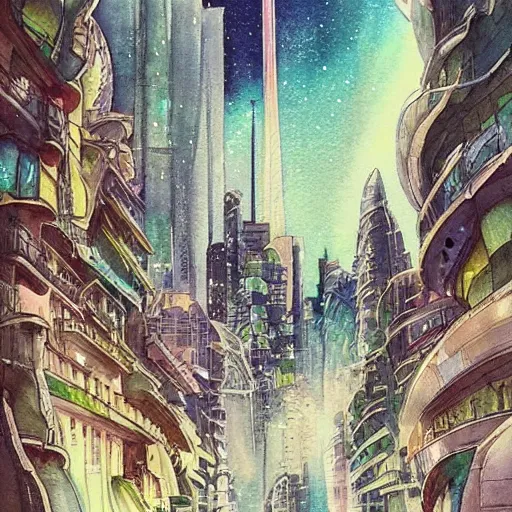 Image similar to Beautiful happy sci-fi city in harmony with nature. Nice colour scheme, soft warm colour. Beautiful detailed watercolor by Lurid. (2022)