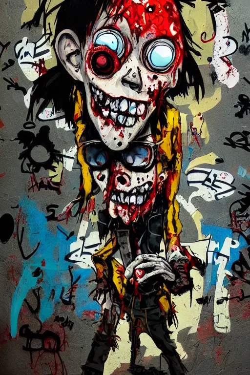 Image similar to character design, zombie, full body portrait, creative design, graffiti, by ashley wood and jamie hewlett