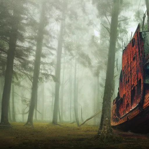 Image similar to an old big shipwreck in an autumn forest, green and red tones, by Aron Wiesenfeld and beksincki, cinematic, detailed illustration, nature, fog, dark colors, suspense, intricate, 8k