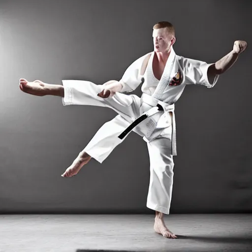 Prompt: joseph sikora doing a karate kick, intricate detail, studio photo, promotional shot, royo, whealan,
