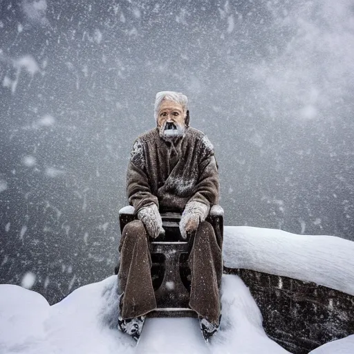 Image similar to an old man made of ice sitting on a throne on the top of a mountain during a snowstorm, front view, 8 k, high quality