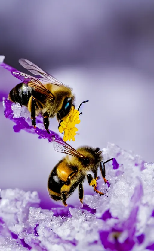 Image similar to a bee finding a beautiful flower, both entrapped in ice, only snow in the background, beautiful macro photography, ambient light