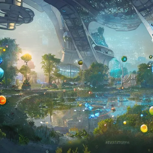 Image similar to a utopian city, filled with fauna, with bubbles floating around everywhere, dynamic lighting, fantasy concept art, trending on art station, stunning visuals, creative, cinematic, ultra detailed