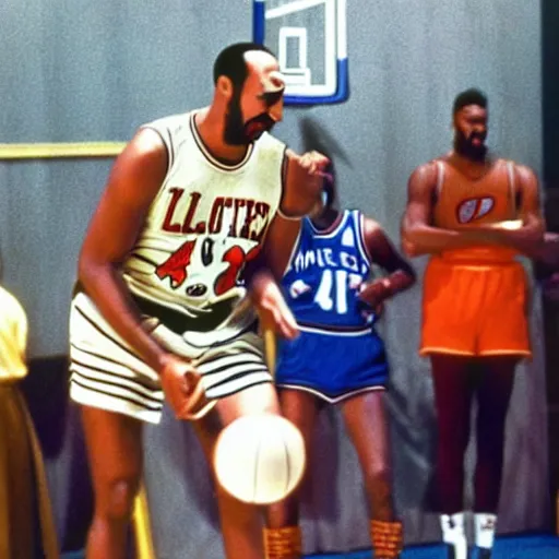 Image similar to candid shot of Wilt Chamberlain playing basketball with Looney Toons characters in Space Jam