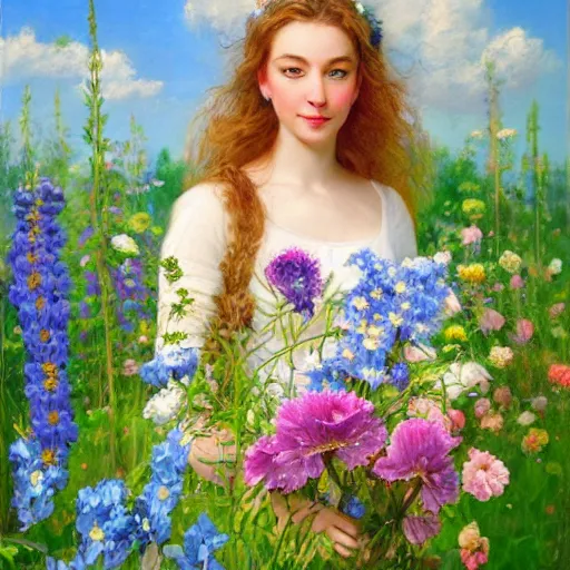 Image similar to a portrait of a romantic woman with flowers grow out of hair, roses peonies forget-me-nots dahlias lupins gladioli, sky theme in background, by Alexandr Averin, Digital Art, Trending on artstation