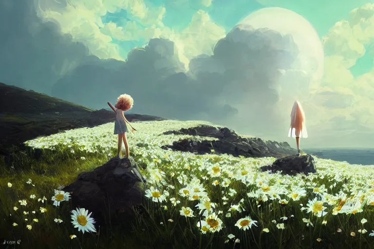 Prompt: wearing giant white daisy flower head, girl standing on cliff, surreal photography, solar eclipse, milky way, dramatic light, impressionist painting, clouds, digital painting, artstation, james gilleard, liam wong, jeremy mann, simon stalenhag