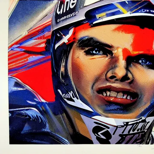 Image similar to photorealistic picture, by bob peak and alex ross, moto gp ads in 1 9 9 0 s, gouache and wash paints, fine details, fine intricate, fine facial proportionate, fine body proportionate, fine fix broken line, fine fix duplicate line, smooth shar focus, sharp focus