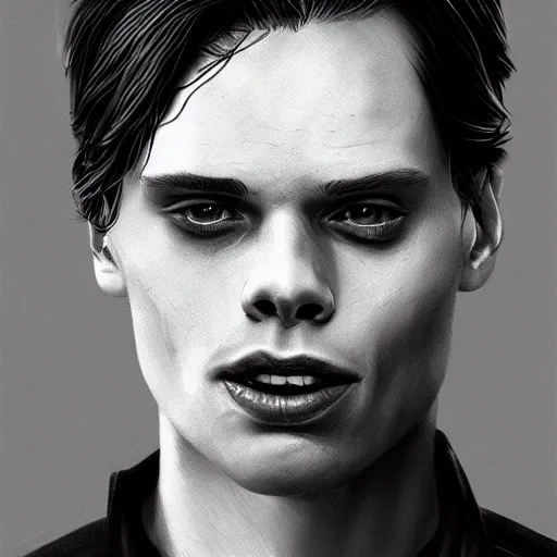 Image similar to A man who looks like a mixture between Cillian Murphy, Bill Skarsgård and Sebastian Stan, wearing black tshirt, scifi, highly detailed portrait, digital painting, artstation, concept art, smooth, sharp foccus ilustration, Artstation HQ.