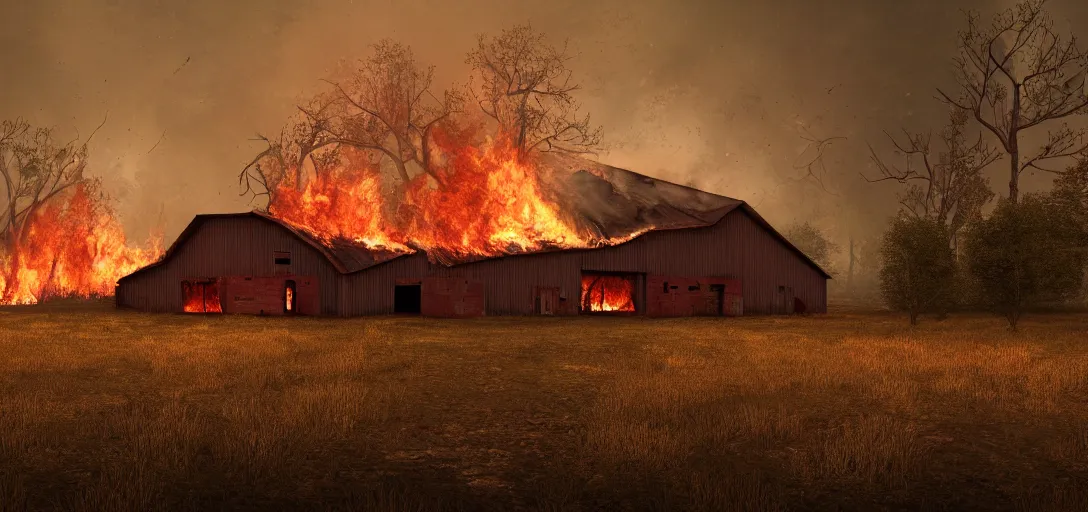 Image similar to full portrait of a desolate farm::forest behind the barn is on fire:: inferno, smoke, flames, dark, gloomy, horror, screaming:: insanely detailed, photorealistic:: cinematic, dramatic lighting,