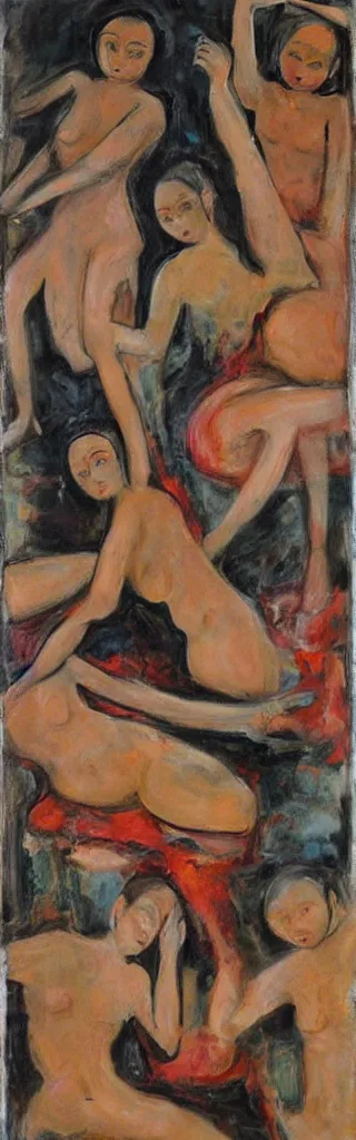 Image similar to bodies in an harem, painting, abstract,vivid