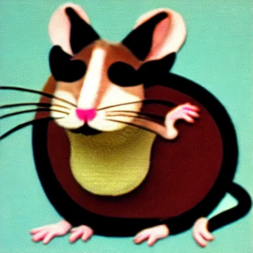 Image similar to a rat with a cat's head and a snail shell on its back, 1 9 7 0 s style