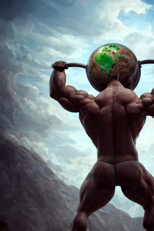 Image similar to a muscular man carrying the Earth on his back, big beard, bold, hyperrealistic, concept art, octane render, unreal engine 5, trending on Artstation, high quality, highly detailed, 8K, soft lighting, anatomically correct, five fingers, blue background, geometric, digital art, trending on DeviantArt, matte painting, fantasy style, dramatic lighting, cinematic