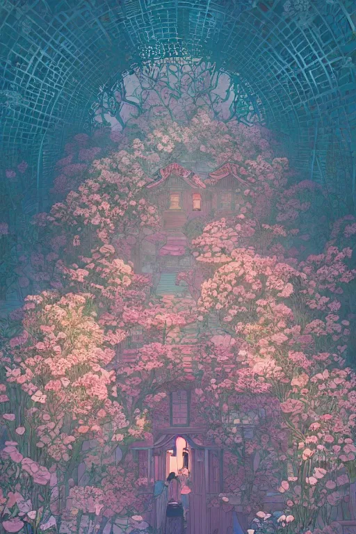 Prompt: a beautiful hyperdetailed matte illustration victo ngai style of absolutely beautiful blooming flower house alone, perfectly shaded, atmospheric lighting, style of studio ghibli, makoto shinkai, raphael lacoste, louis comfort tiffany, artgerm, james jean, ross tran, chinese style