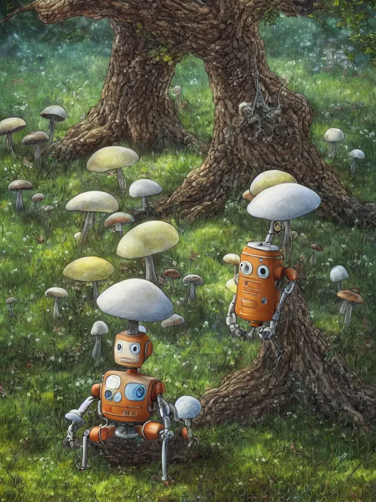 Prompt: hyper-realistic portrait painting of a rustic robot sitting under a tree, mushroom, in the style of Studio Ghibli, by Hayao Miyazaki, high quality, detailed, 8k, amazing, single robot