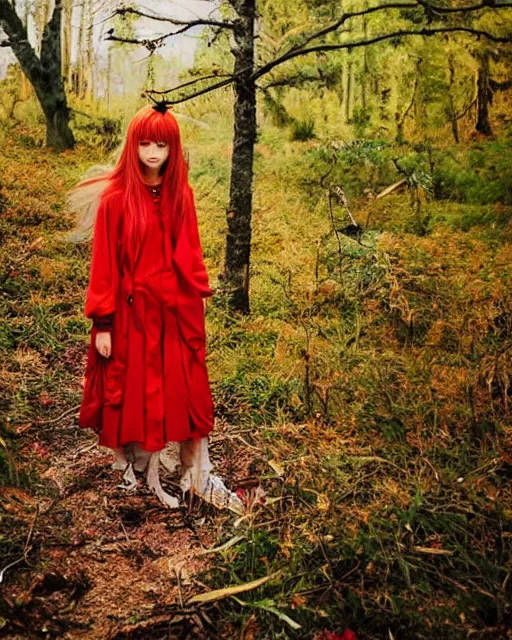 Image similar to beautiful Asuka Langley from evangelion as a real person dressed as a slavic priestess in holy birch forest in spring, 35mm, iPhone photo, HDR, DSLR, cinematic, trending on Instagram, 8k, 4k