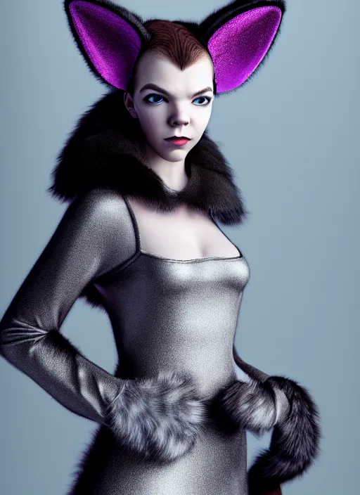 Image similar to full body environmental portrait photo of dressed catgirl anya taylor - joy, cat ears made from fur, glamour shot by gemmy woud - binnendijk, chris knight, photorealistic, canon r 3, fashion photography, elegant, luxury and elite, symmetry, octane render, unreal engine, solid dark grey background, dramatic lights, high fashion journal cover