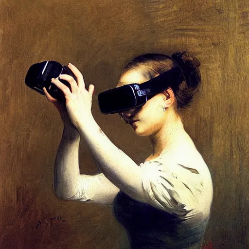 Image similar to a painting of a woman wearing vr goggles by repin.