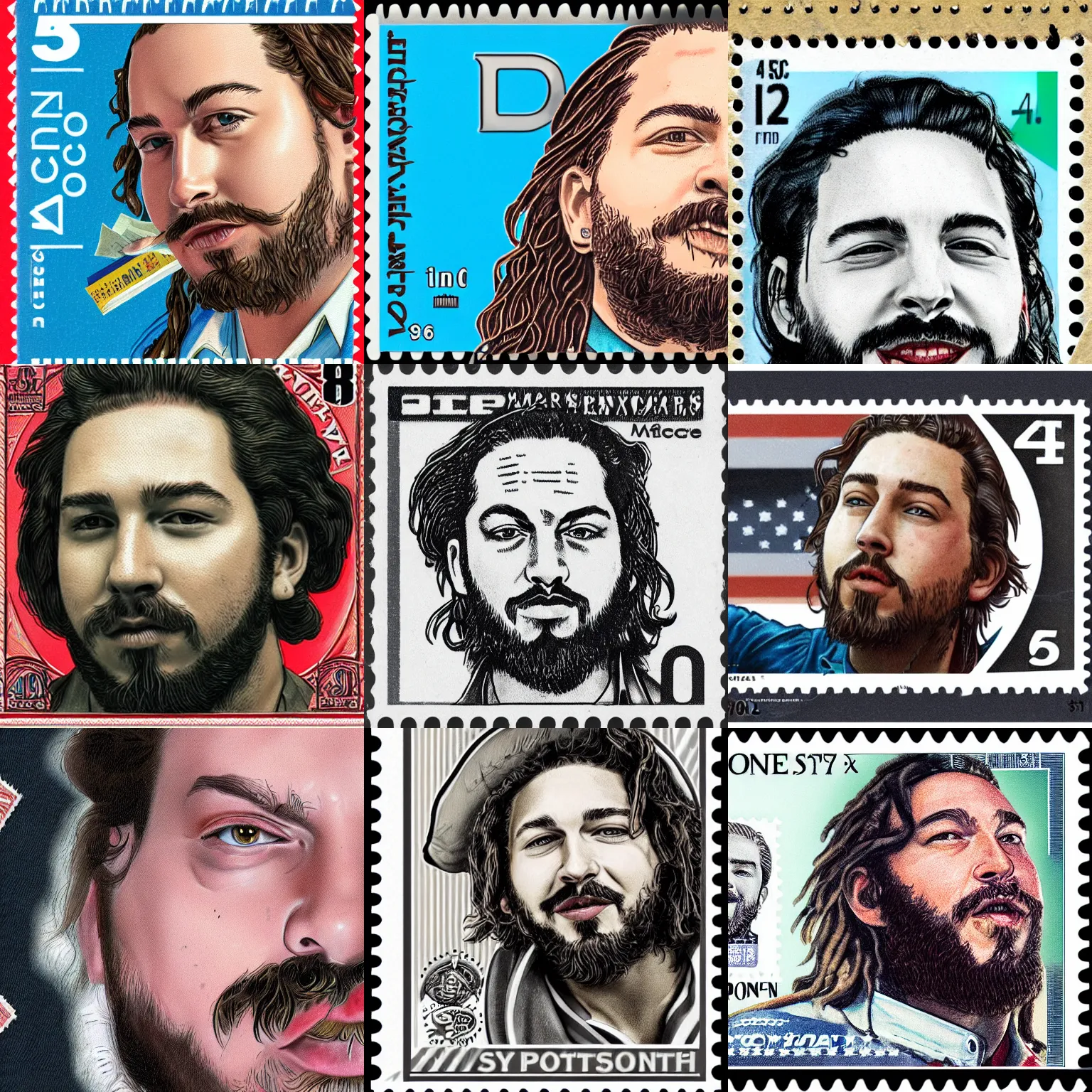 Prompt: a closeup photorealistic illustration of post malone sorting mail at a post office next to a vintage american postage stamp with his face on it. fine detail. this 4 k hd image is trending on artstation, featured on behance, well - rendered, extra crisp, features intricate detail, epic composition and the style of unreal engine.