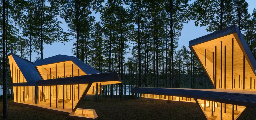 Image similar to faceted roof planes lift and descend creating shade and architectural expression, highly detailed, situated in the forest, next to a highly reflective lake, at dusk, vivid color