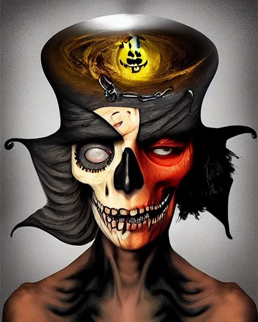 Prompt: halloween pirate theme surrealist art in the styles of igor morski, jim warren, and a tim burton film, intricate, hyperrealistic, accurate facial details, profile picture with chromakey!!!!! background, milk - bath effect, volumetric lighting