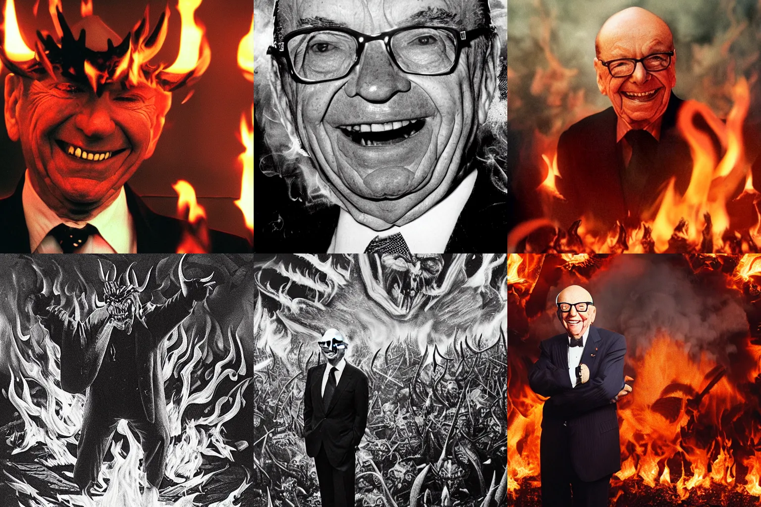 Prompt: Rupert Murdoch smiling as the Devil standing in front of his satanic army in hell, photo realistic, 35mm photograph, fire and flames and smoke, depth of field