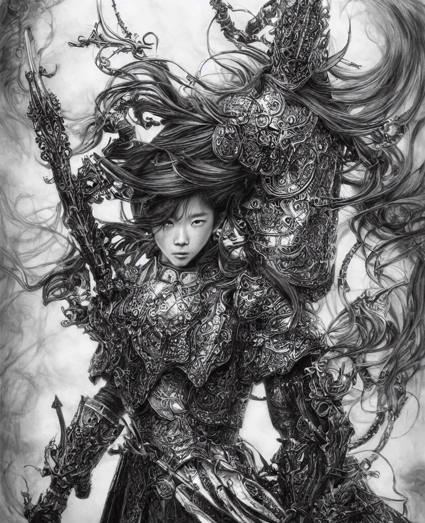 Image similar to hyper - realistic pencil drawing inspired by shinichi sakamoto of a fantasy warrior with hyper detailed and ornate art nouveau medieval armor, long hair twirling, very exaggerated fisheye perspective, art by yoshitaka amano and kojima ayami